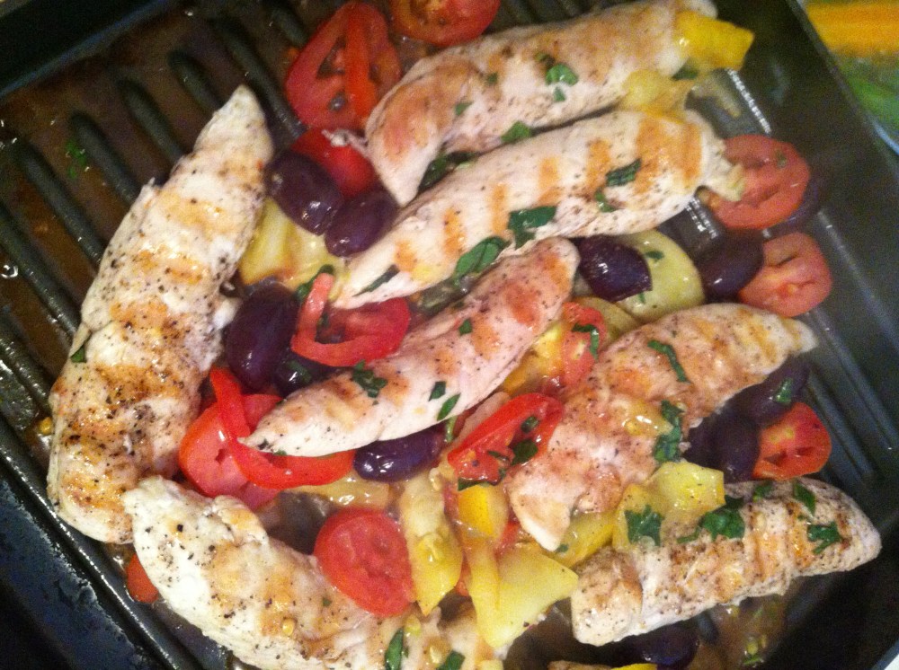 after the chicken is grilled, simply saute tomatoes, chives, basil and olives right in the pan