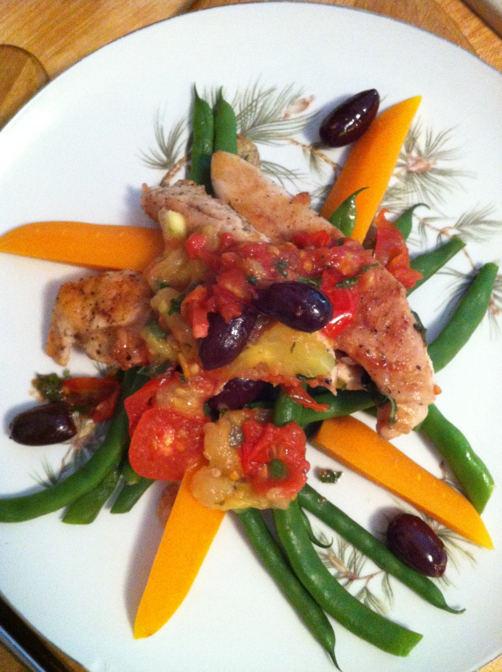 Grilled Chicken with Stewed Tomatoes Over Pole Beans and Carrots