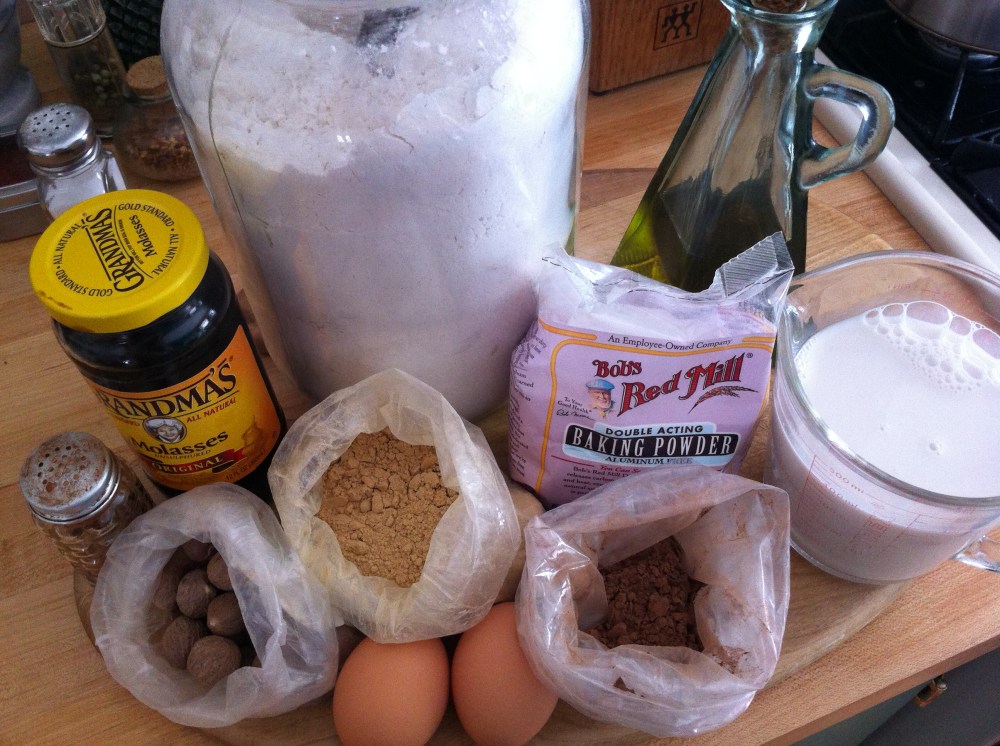 assembling ingredients for the gingerbread waffles