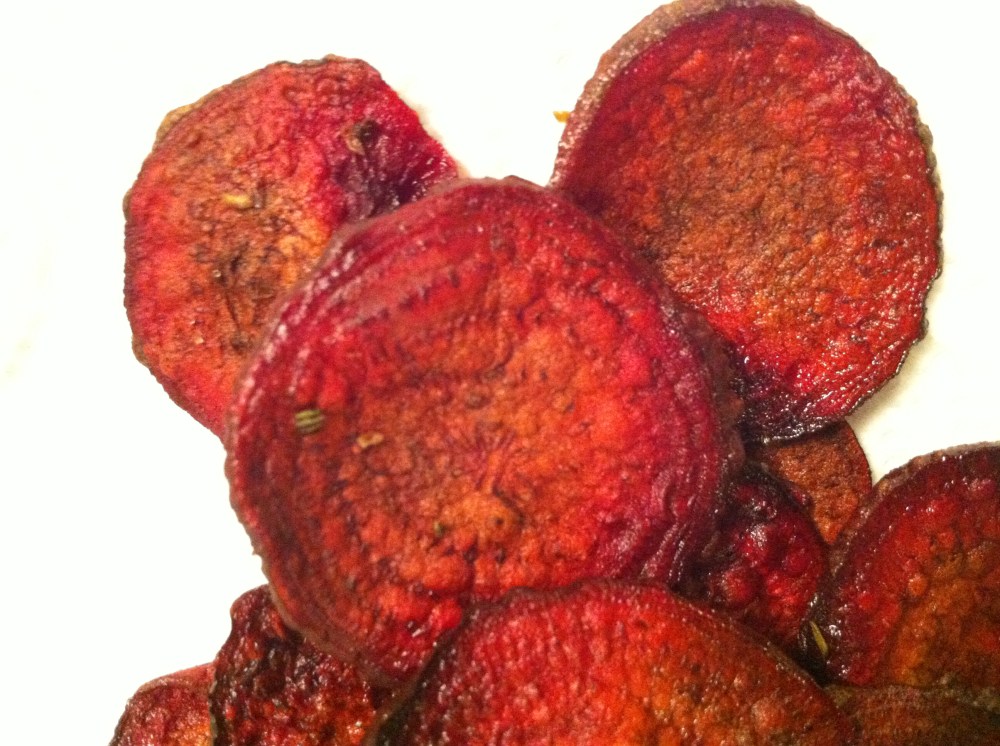 Beet chips with kosher salt and rosemary