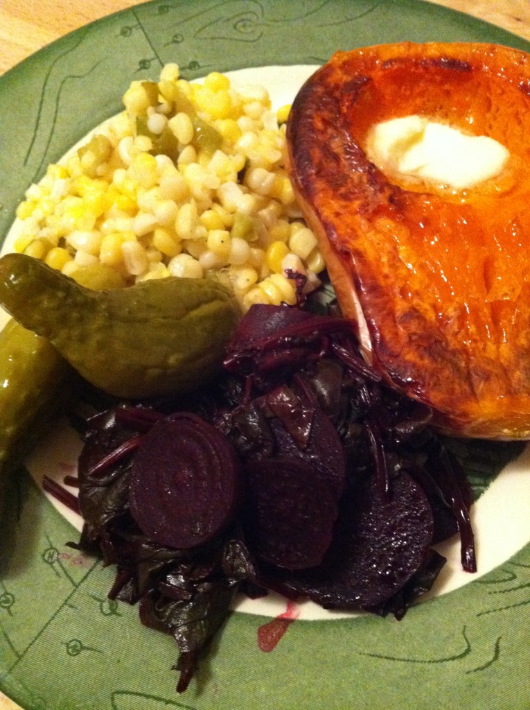 From garden to table - January 23 - Supersweet organic bicolor corn with roast chilies, roast butternut squash, baby beets and greens, curried pickles