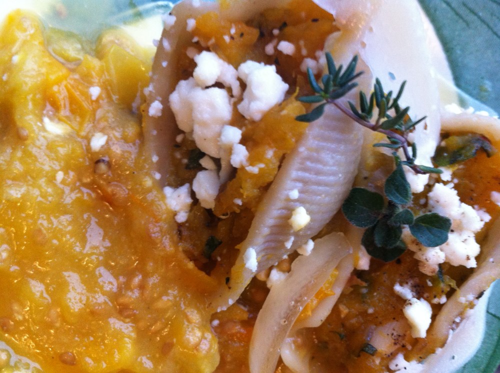 the herby, peppery, mellow squash stuffed shells with flecks of tangy goat feta and tomato sauce
