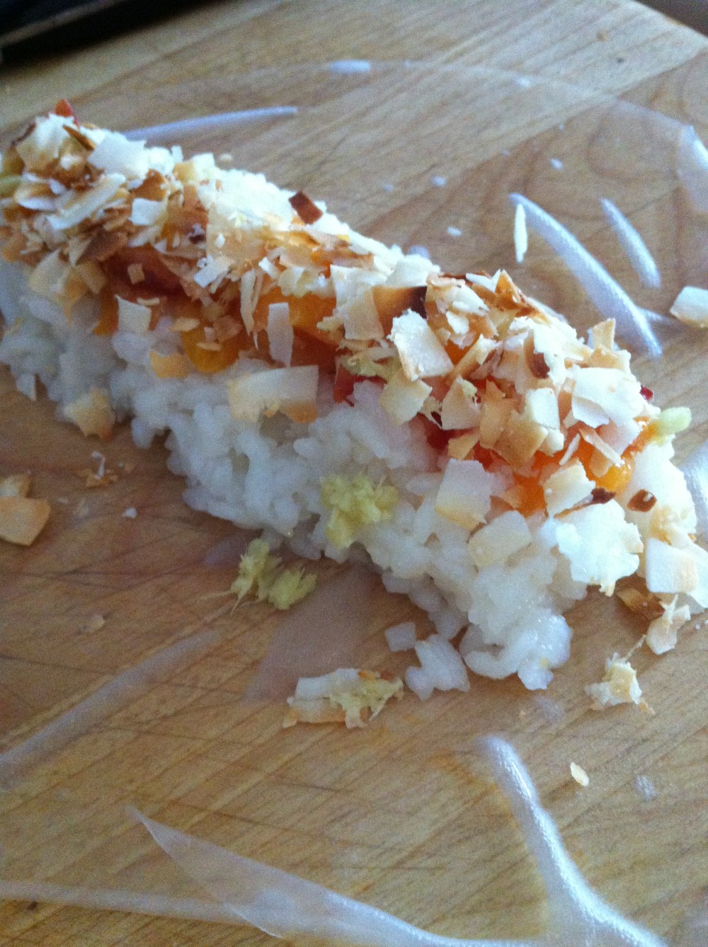 the innards - coconut rice, peaches, fresh ginger and toasted coconut