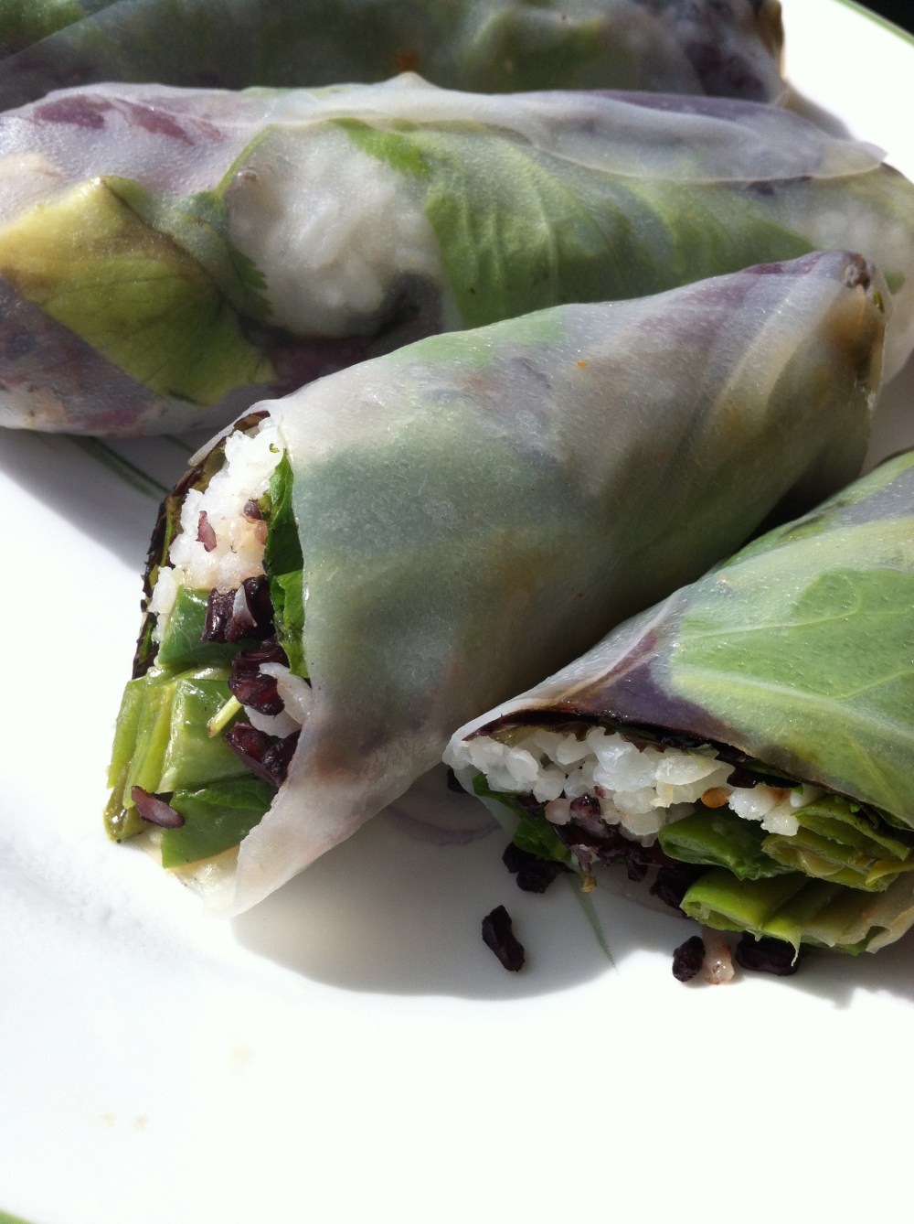 Spring Rolls with Japonica and Sushi Rice, Sesame, Tamari Ginger Marinated Green Beans, Mixed Lettuce and Sriracha