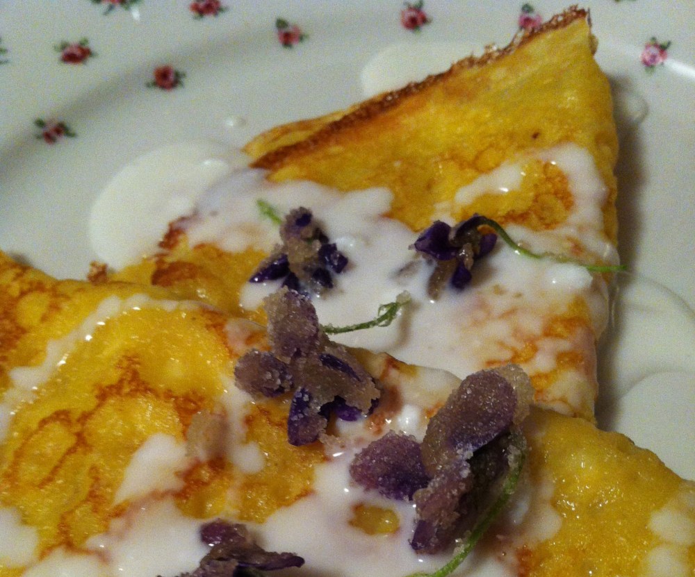 Wishing you a happy spring with Orange scented crepes, fresh goat's milk yogurt and maple sugared violets