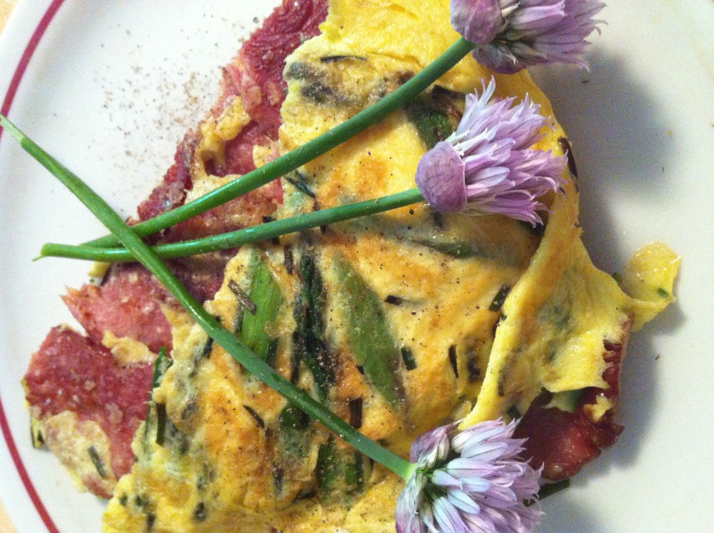 Double Sided: Asparagus Frittata with Uncured Turkey Bacon, Romano Cheese and Chives