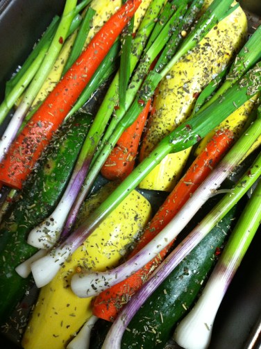 herbs, oil, chili pepper flakes and coarse salt for the vegetables - and we're excited to taste grilled ramps!