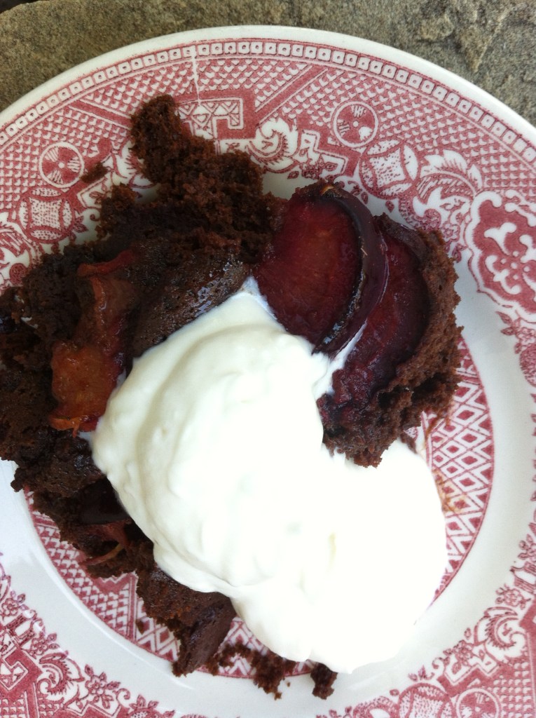 Chocolate Plum Buckle with Honey Whipped Cream