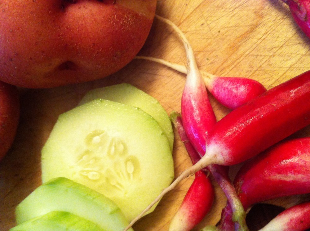 new potatoes, cucumber, French breakfast radishes