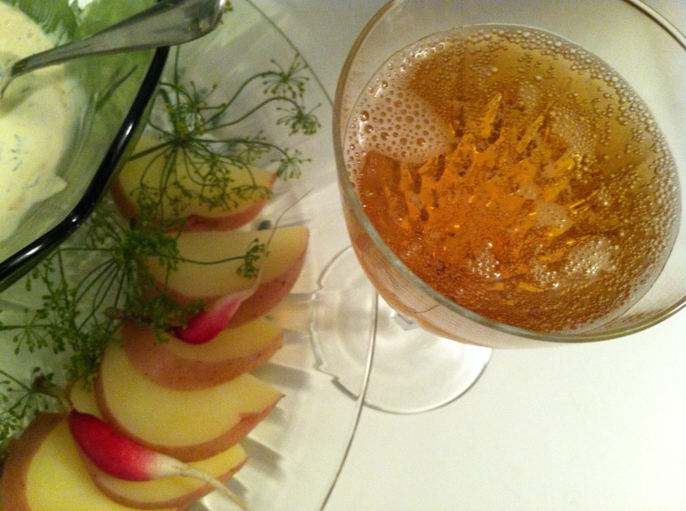a bit of bubbly (hard apple cider) with the herby dip and vegetables