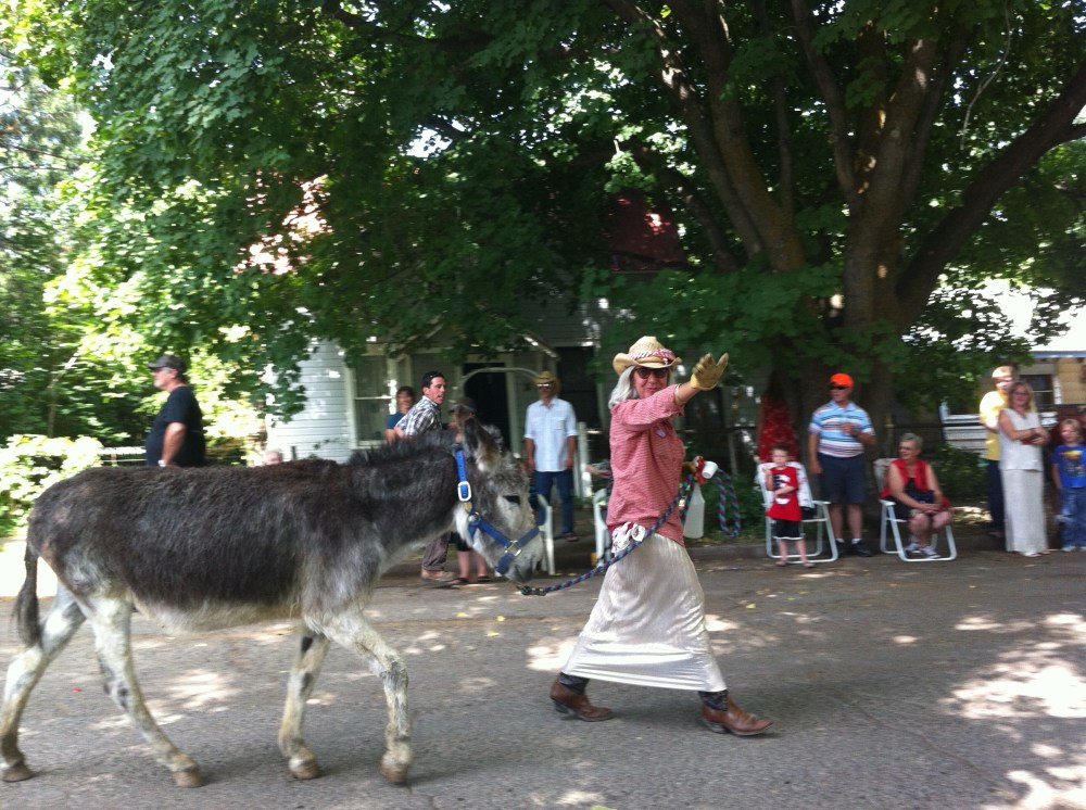 It's Marla and her burro friend, cruising towards the park, Cherry Days parade 