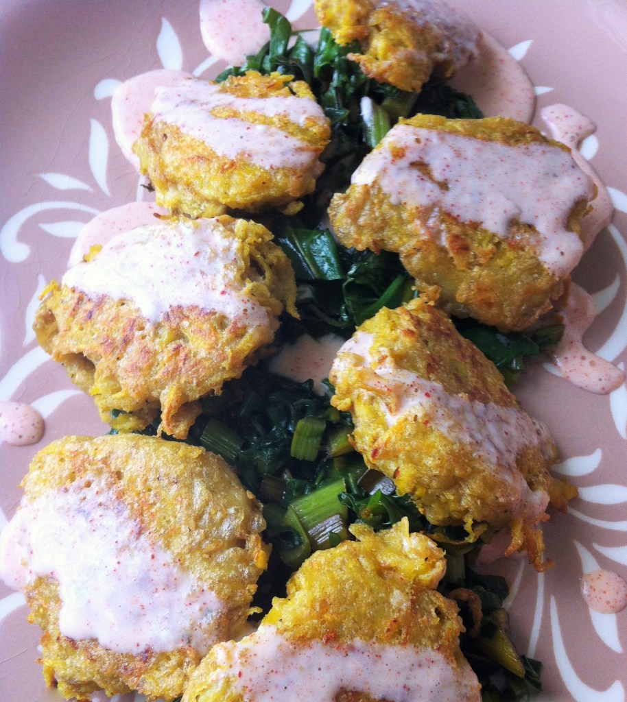 Golden Beet Fritters with Basil Pesto Greens and Smoked Paprika Cream