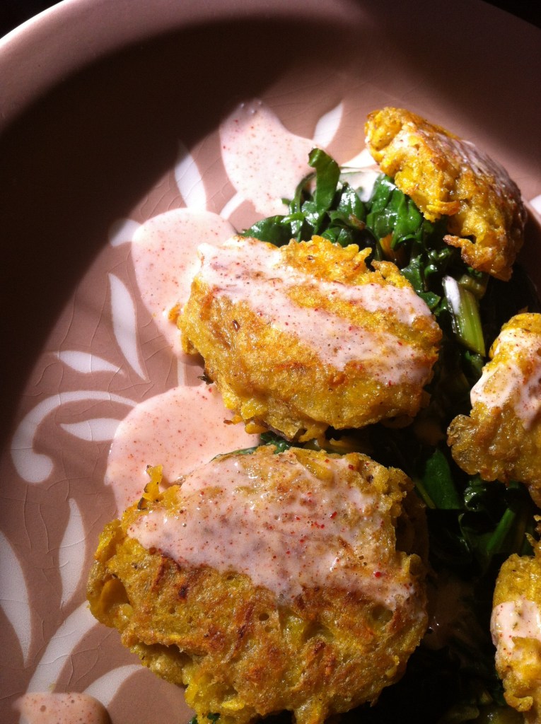Golden Beet Fritters with Basil Pesto Greens and Smoked Paprika Cream - briefly basking in the sun