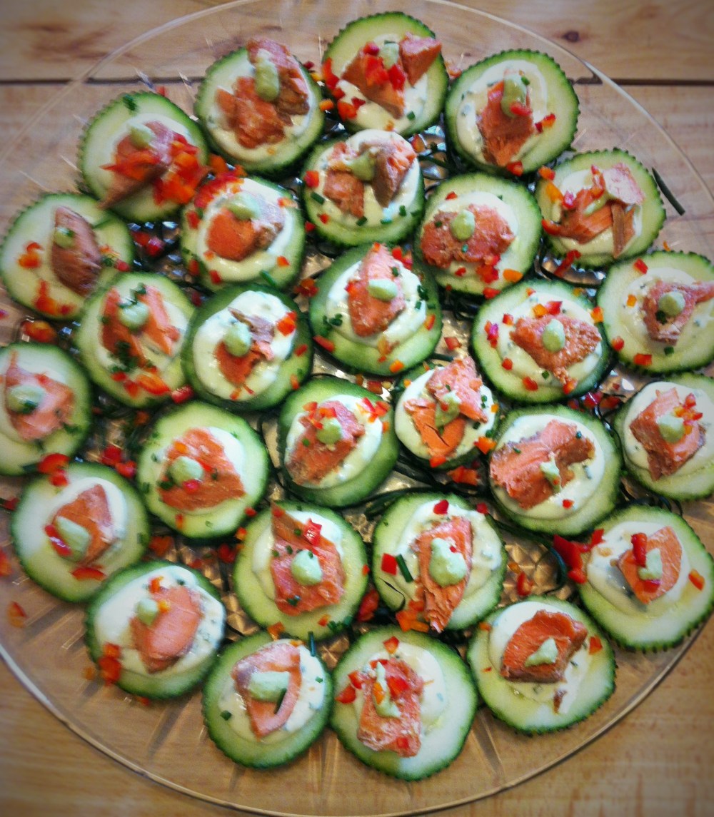 ginger roast sockeye salmon cucumber canapes with wasabi mayo