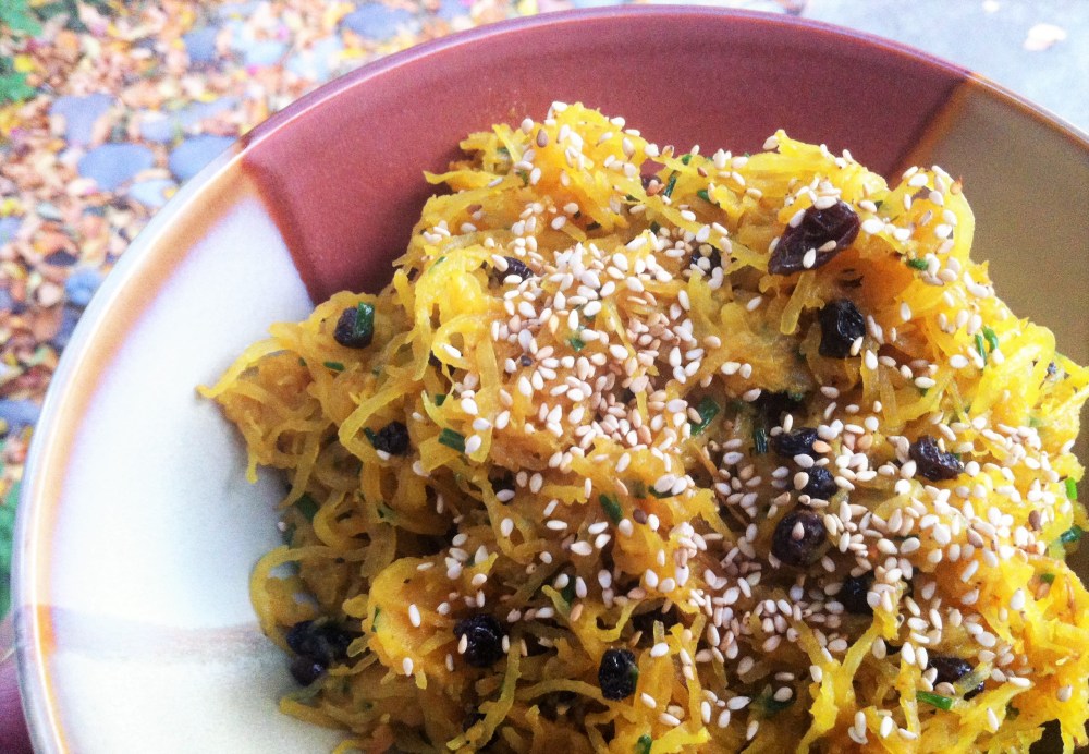 Curried Spaghetti Squash with Currants, Chives and Ghee
