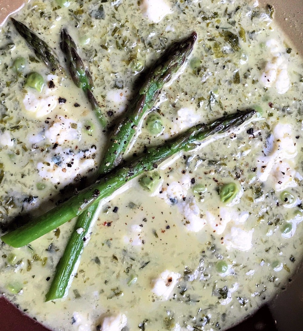 Cream of Grilled Endive and Asparagus  Soup with Fresh Peas and Blue Cheese